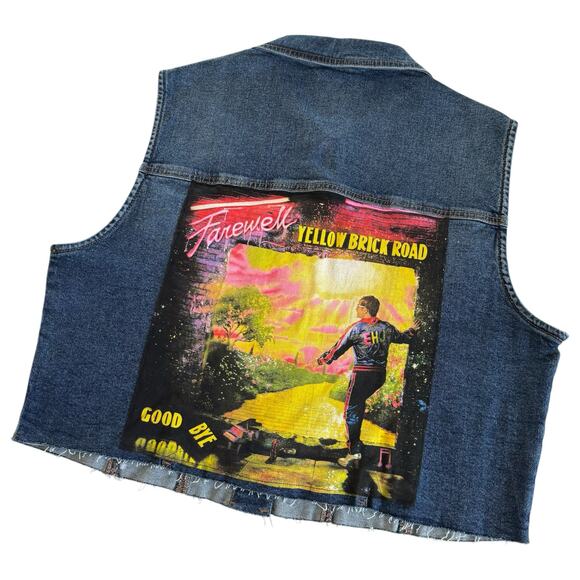 Via Penny Lane Reworked Apparel Elton John Graphic Raw Hem Cropped Denim Vest XL - Picture 1 of 6